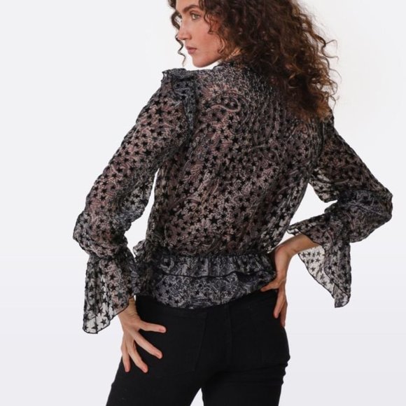 Zadig & Voltaire Blouse Top Tuya Burnout Stars Black Velvet Size M NEW - Picture 2 of 13